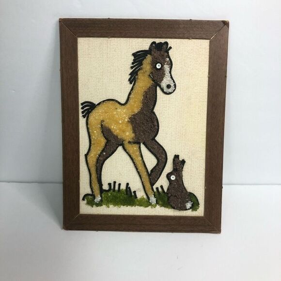 vtg 60s gravel pebble art picture horse and rabbit craft master mosette 7x9 - Picture 1 of 7